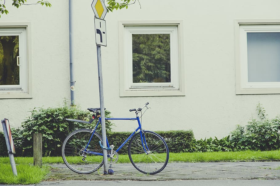 bike, bicycle, pole, green, plants, building, wall, window, backyard, transportation