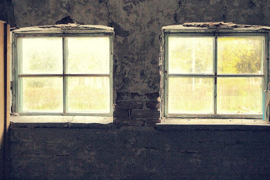 two brown windowpanes, Windows, Glass, House, Interior, Frame, glass, house, light, building, brick walls