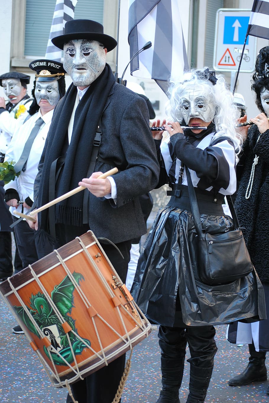 masks, tambour, whistler, piccolo, carnival, basler fasnacht 2015, real people, celebration, men, day