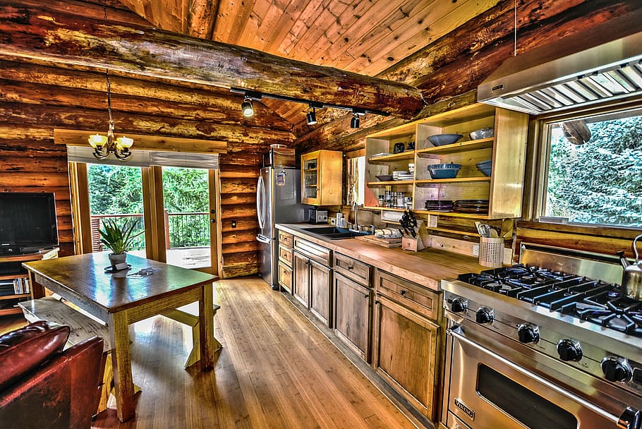 rectangular, brown, wooden, table, hdr, logs, log home, log cabin, kitchen, wood