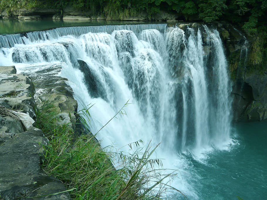 timelapse photography, flowing, multi-tier waterfalls, greenery, waterfall, shifen waterfall, pingxi, taiwan, landscape, wilderness