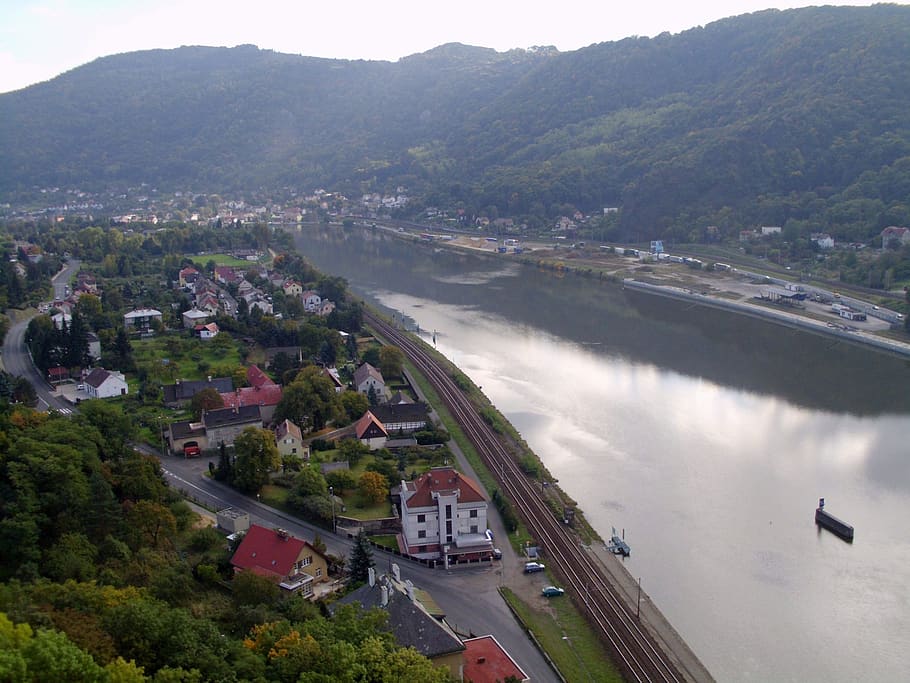 river, elbe, strekov, mountains, town, houses, ústí nad labem, czechia, architecture, building exterior