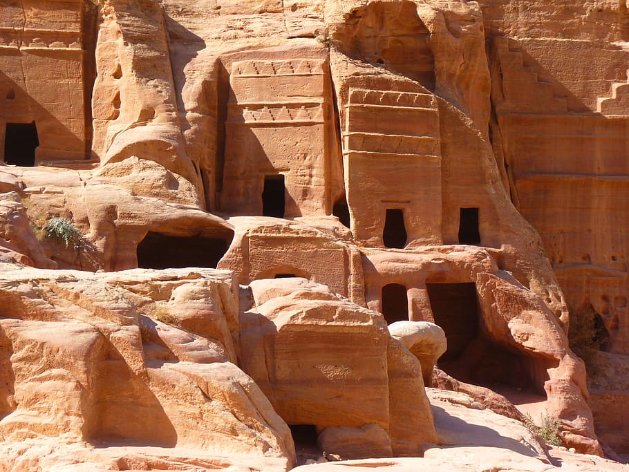cueva, petra, jordania, feriado, viajes, medio oriente, ruina, piedra, cañón, piedra arenosa