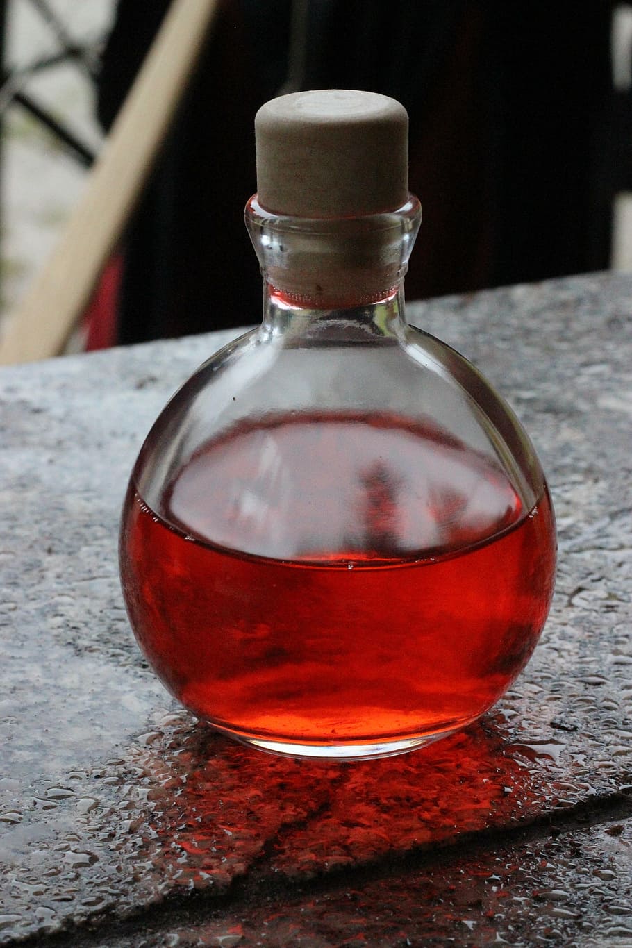close-up photo, clear, glass bottle, red, liquid, potion, bottle, magic potion, vial, glass