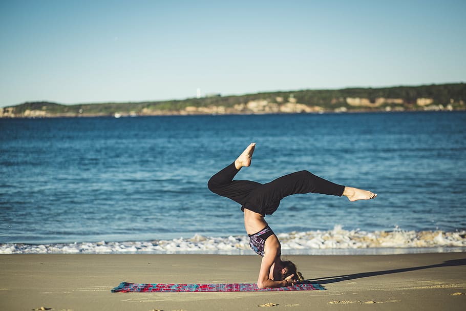 woman, yoga, beach, purple, crop, top, body, water, daytime, fitness