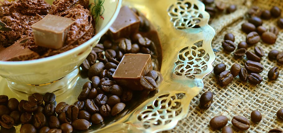 coffee beans, food tray, close, shot, chocolate, coffee, coffee cup, dessert, chocolate pieces, brand