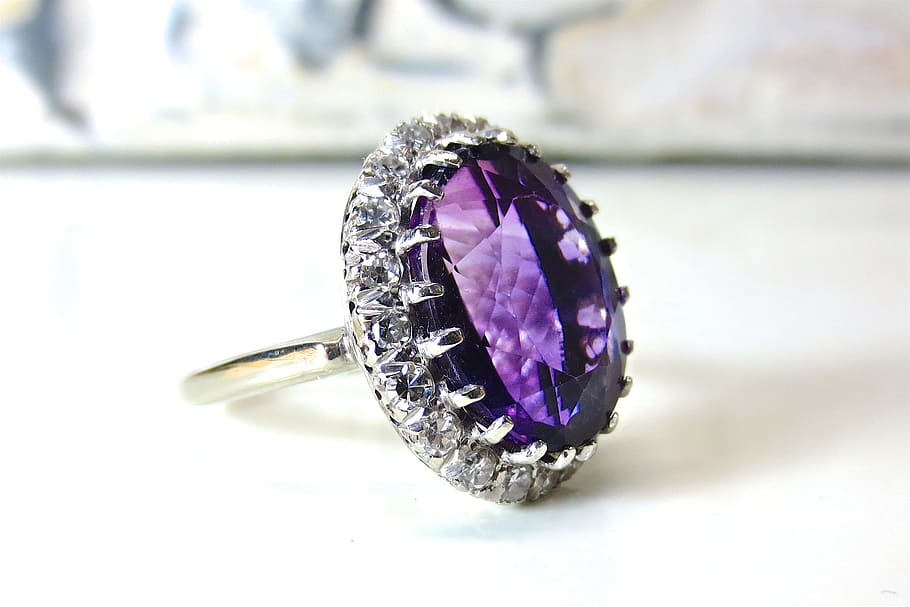 silver-colored ring, purple, gemstone, white, table, Amethyst, Jewelry, Diamond, Halo, birthstone
