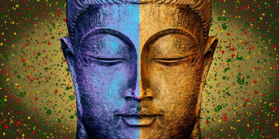 buddha, kuning, biru, berwarna multi, seni dan kerajinan, merapatkan, wajah manusia, kreativitas, studio ditembak, bagian tubuh manusia