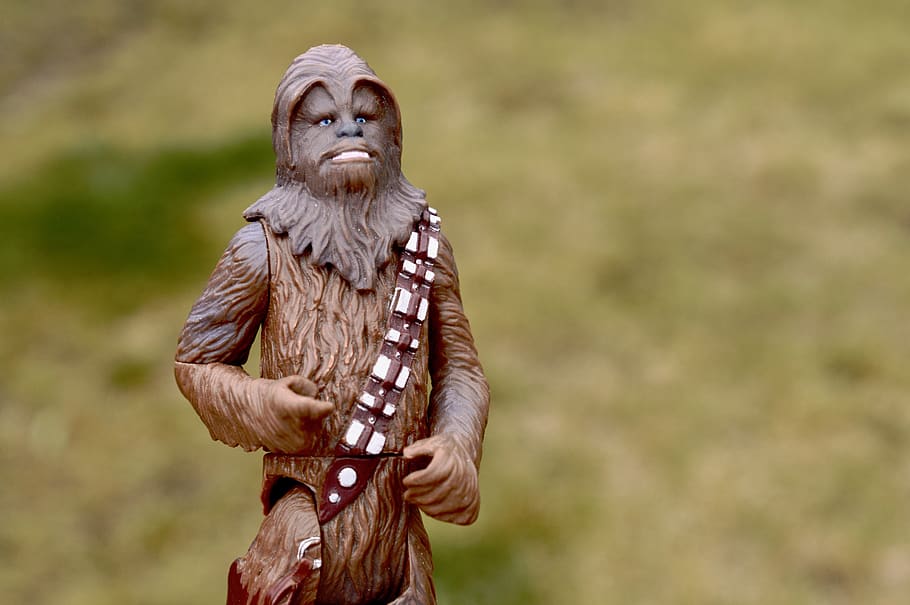 star wars, chewbacca, action figure, toy, film, movie, focus on foreground, one person, front view, senior adult