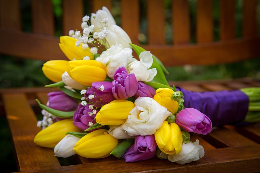 flores, ramo, morado, tulipanes, amor, boda, romántico, floración, primavera, romance