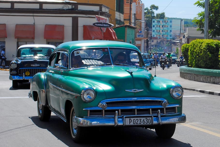 green, chevrolet bel-air, cruising, road, Chevrolet, Antique, Vintage, Car, vintage, car, automobile