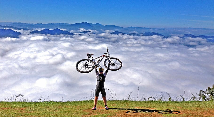 person, carrying, white, bicycle, Mountain Bike, Wheel, bike, cycling, sports equipment, wheels