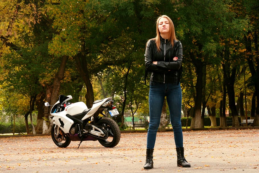 woman, wearing, black, leather zip-up jacket, motorcycle, girl, leather jacket, ride, biker, blonde