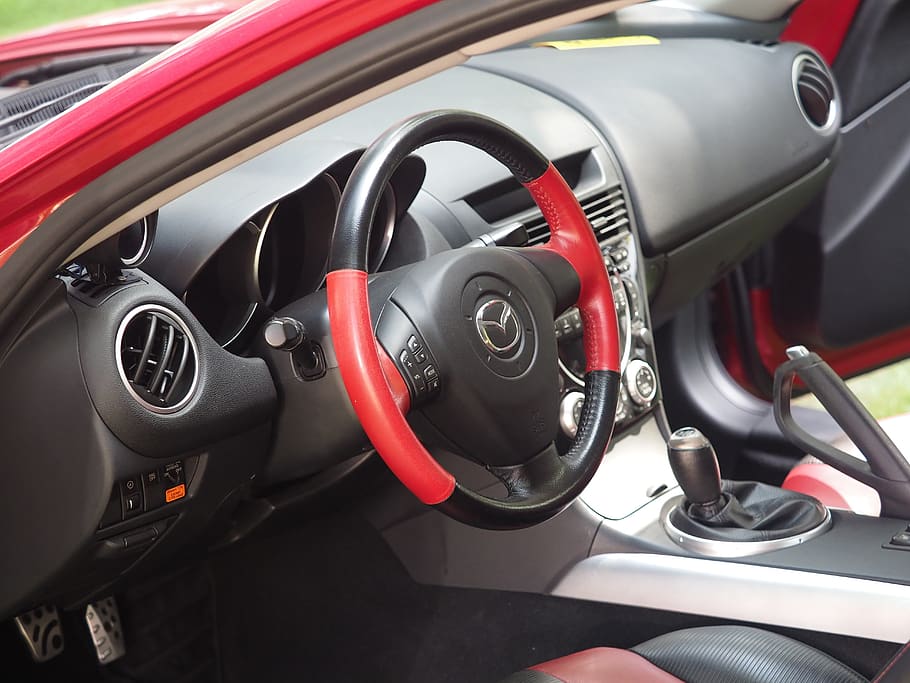 transport, automobile, cockpit, the dashboard, steering wheel, the gear lever, red, black, mazda, auto