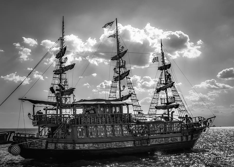 boat, pirate ship, sea, sky, clouds, cruise boat, tourism, wooden, nautical vessel, transportation
