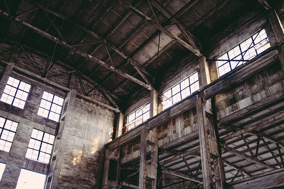 low, angle photo, concrete, building, low angle, industrial, decadence, old factory, abandoned, indoors