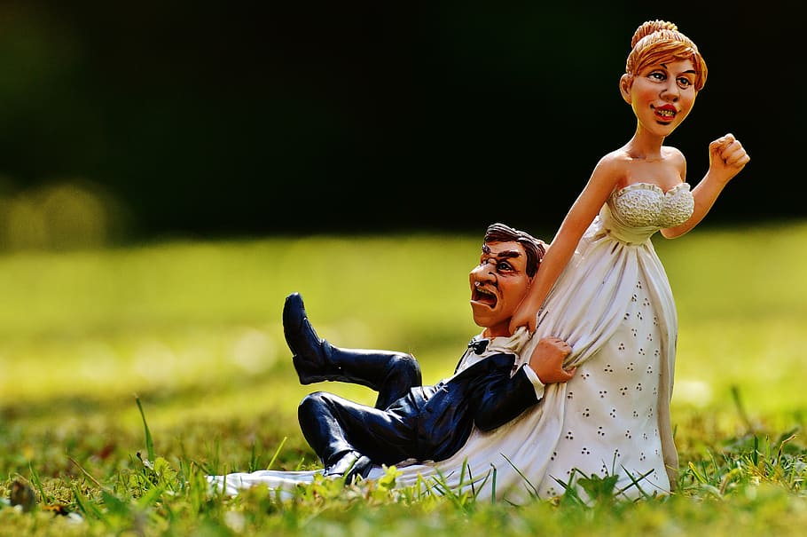 groom, bride figurine, green, grass, grind down the aisle, bride, to force, panic, figure, bride and groom