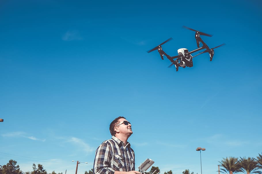 man, playing, camera drone, blue, sky, flying, camera, drone, gadget, technology