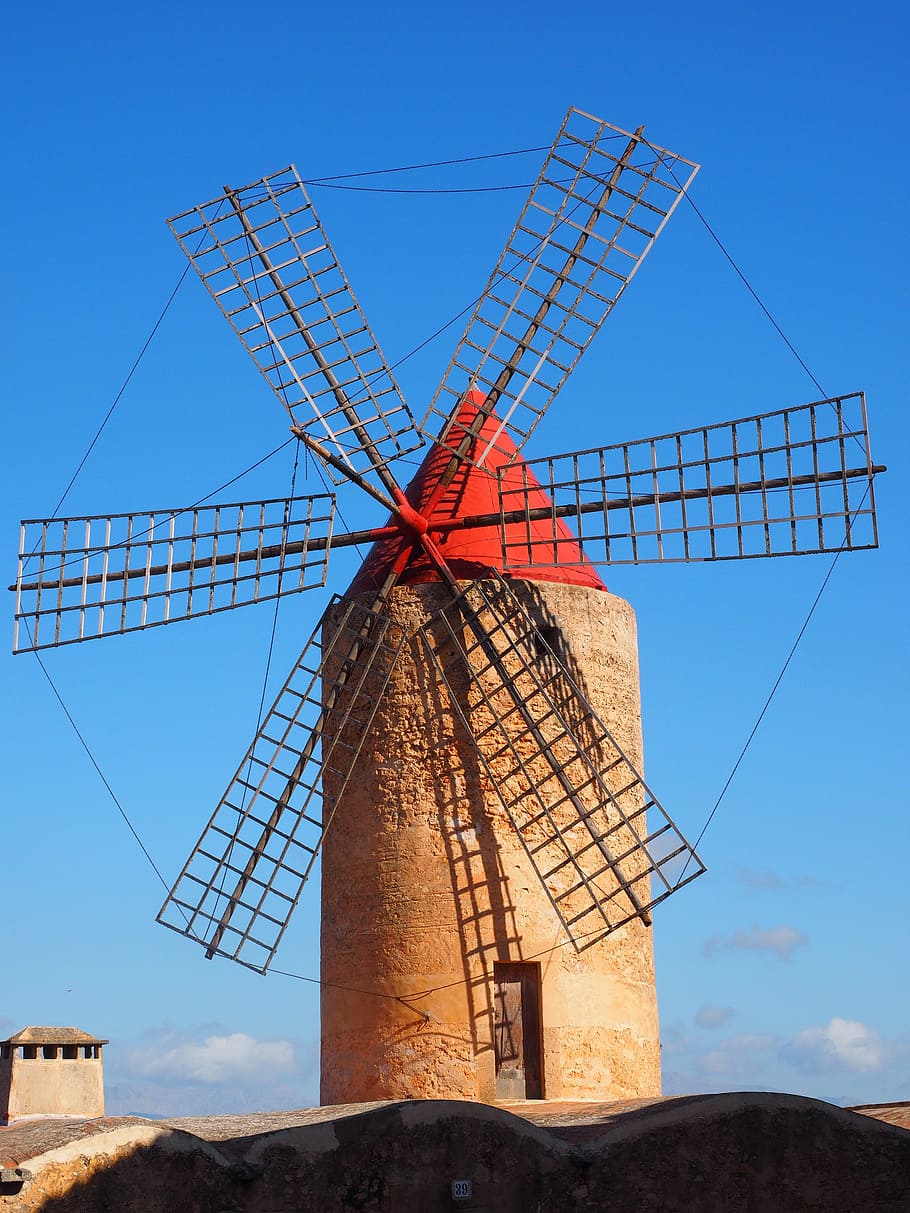 brown, windmill, daytime, mill, wind power, algaida, mallorca, landmark, places of interest, technical building
