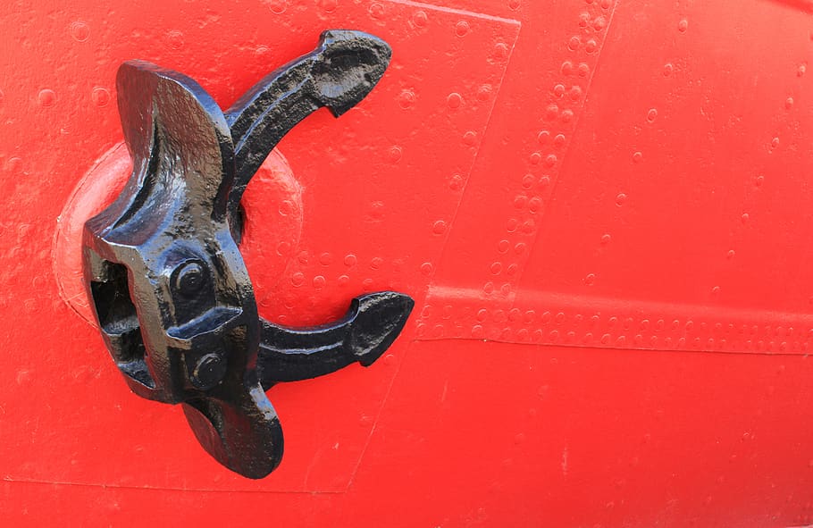 anchor, anker, ship, red, hull, nautical, boat, vessel, transport, water