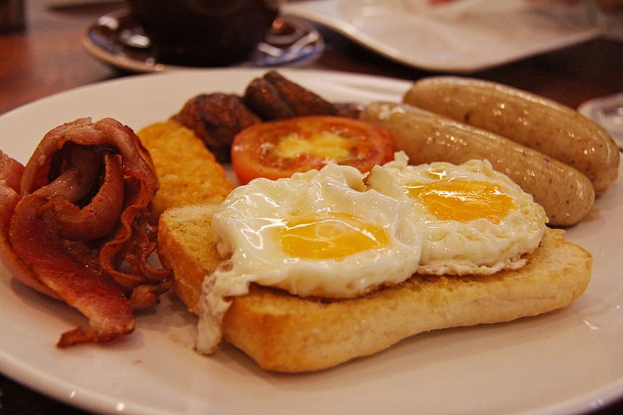 구운, 빵, 소시지, 베이컨, 계란, 하루 종일, 맛있는, 영어, 아침 식사, 버섯