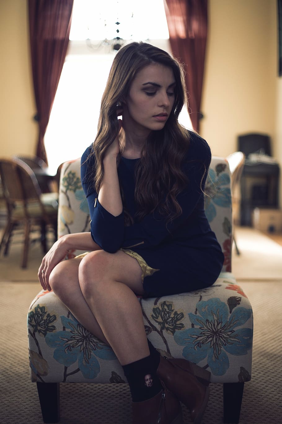 woman, blue, mini dress, sitting, floral, chair, people, girl, alone, room