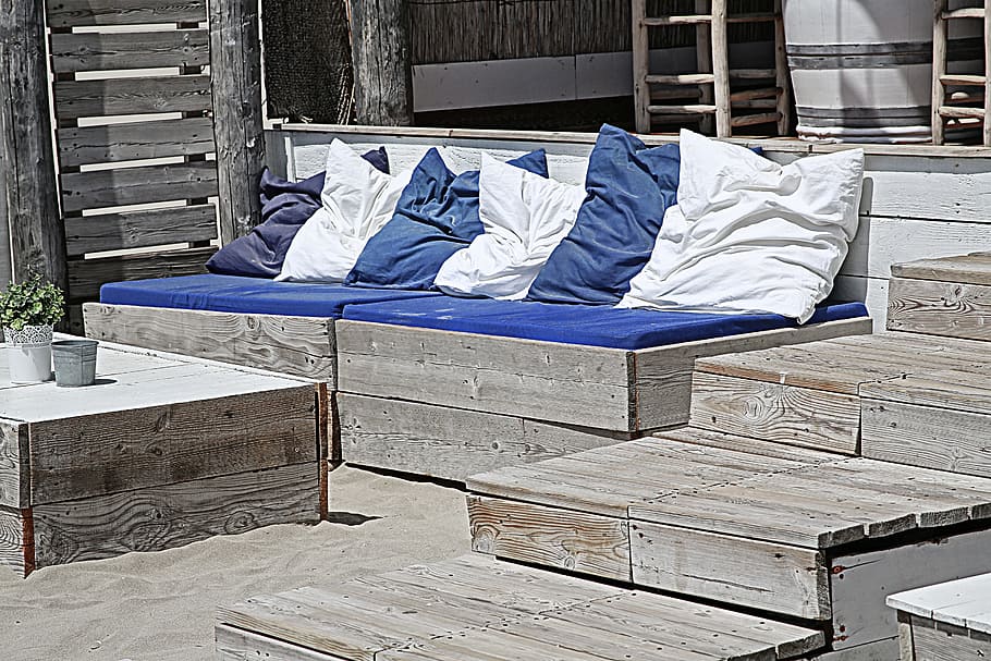 three, blue, white, throw, pillows, outdoor, sofa, cushion, relaxation, living room