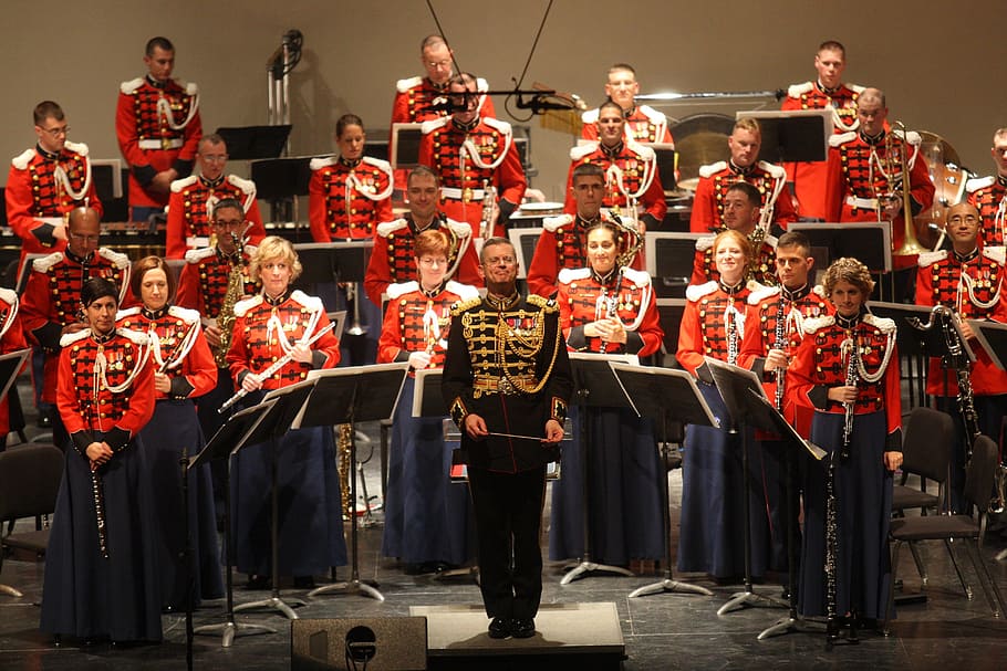 group, people, holding, music instruments, stage, orchestra, military orchestra, performance, music, instrument
