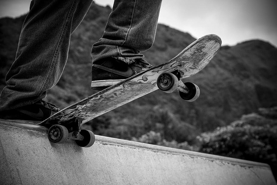 greyscale photography, person skateboarding, sport, skateboard, skateboarding, fun, outdoors, hobby, risk, skate