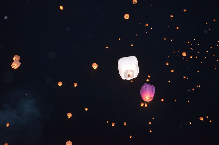 wish lantern, wintern, lantern, wish, december, celebration, night, illuminated, low angle view, sky