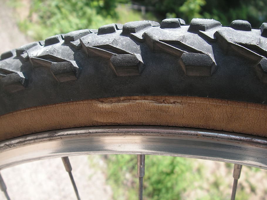 pneu, reparação, danos, roda, bicicleta, borracha, velho, transporte, perfurar, quebrado