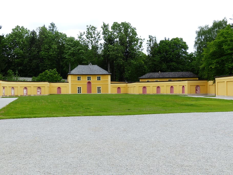 Schloss Hellbrunn, Castle, hellbrunn, building, architecture, mannerism, manieristischis castle, yellow, forecourt, stables