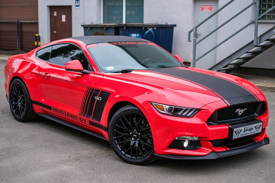 red, black, ford, mustang, gt, 5.0, coupe, parked, gray, building