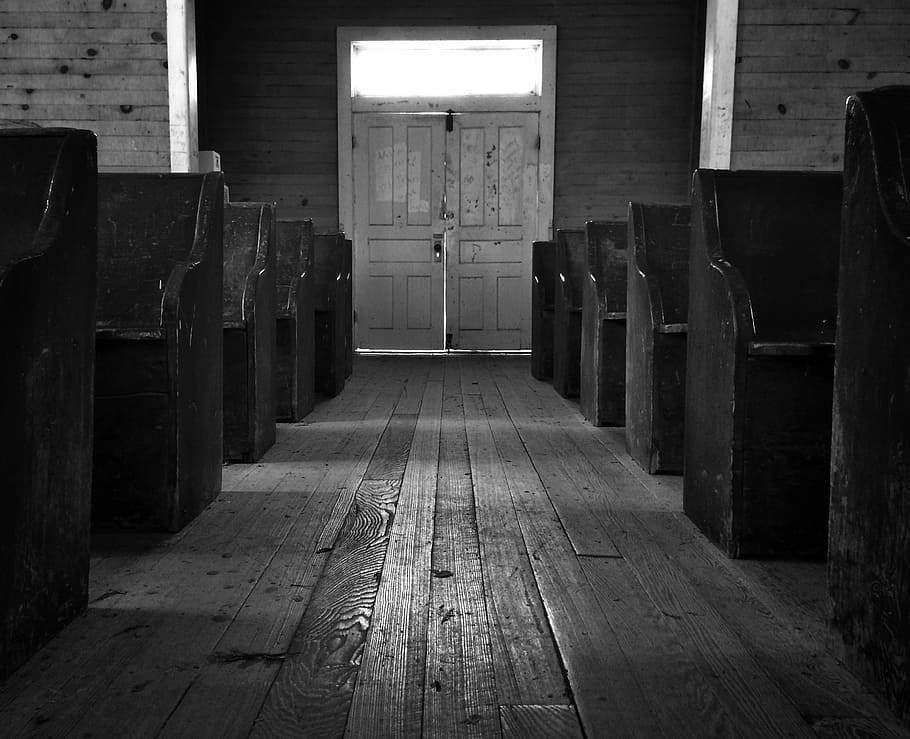 white wooden doors, church, pews, isle, hardwood, floors, architecture, black and white, wood - material, indoors
