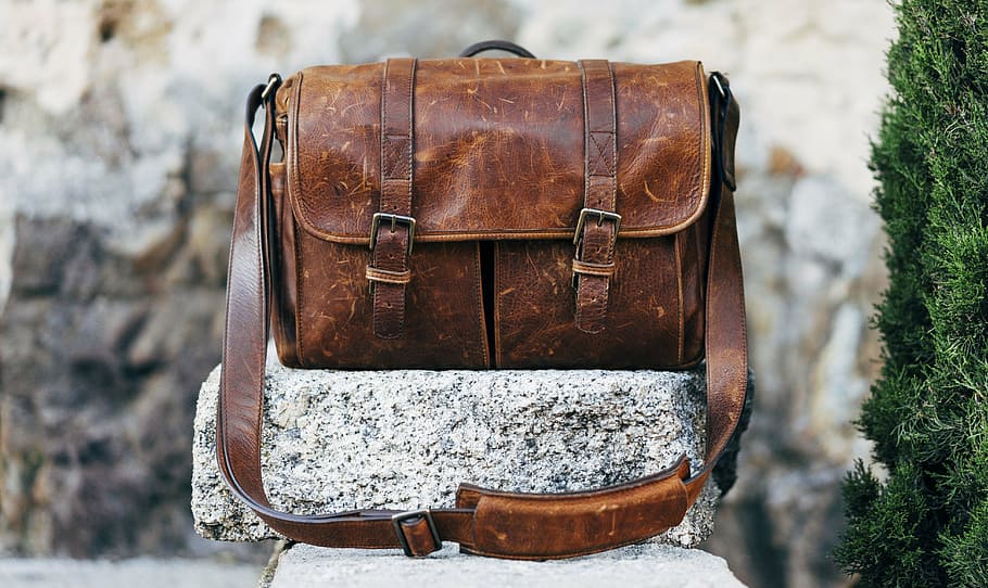 brown, leather messenger bag, rock, bag, leather, pocket, old, gravel, suitcase, outdoors