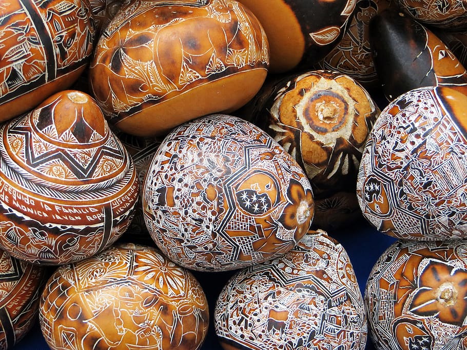 colombia, calabashes, market, engraving, decoration, full frame, pattern, still life, backgrounds, close-up