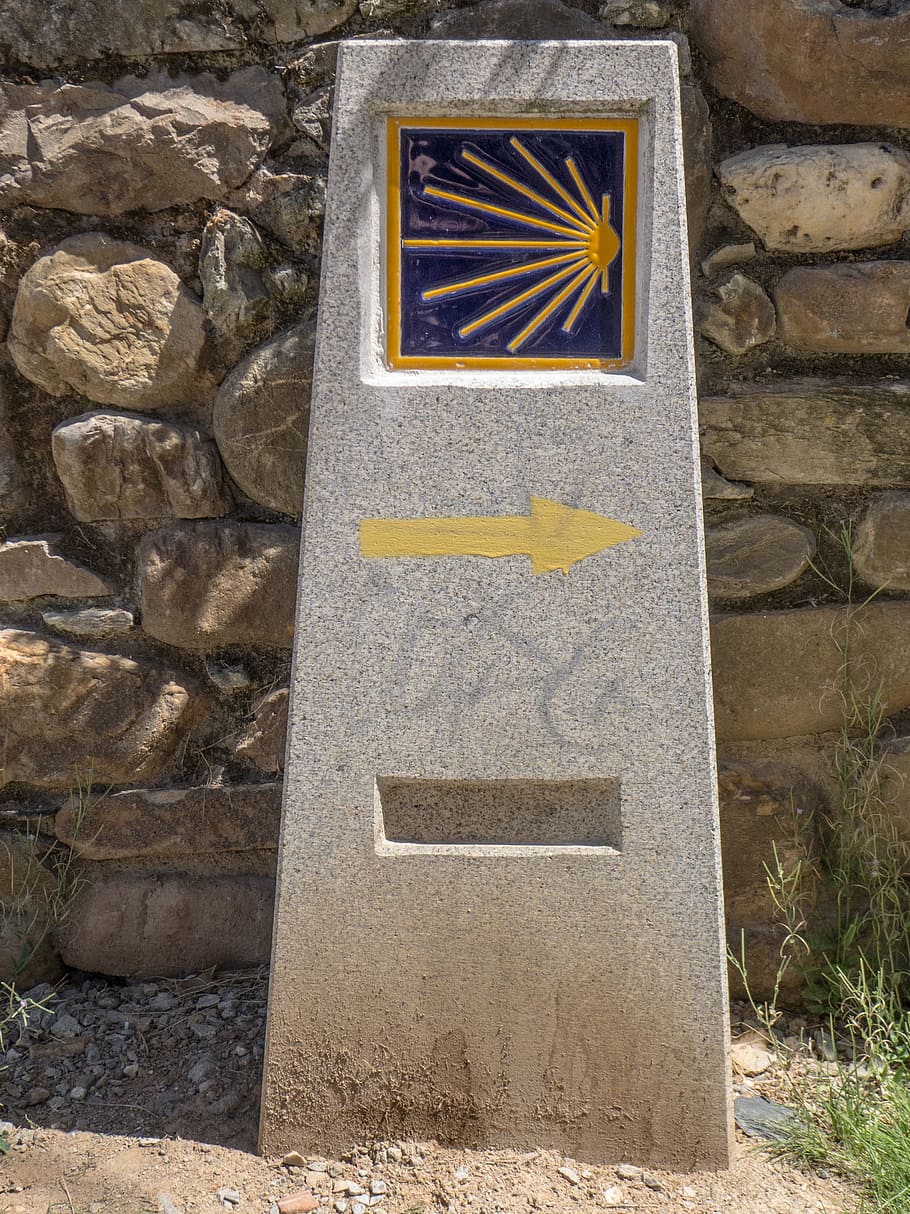 gray, concrete, tombstone, wall, camino santiago, path, milestone, follow, indication, arrow
