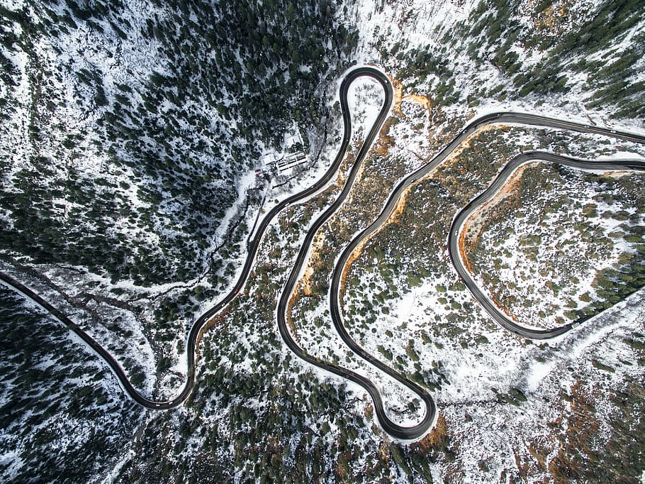 untitled, aerial, photography, winding, road, view, nature, path, snow, winter
