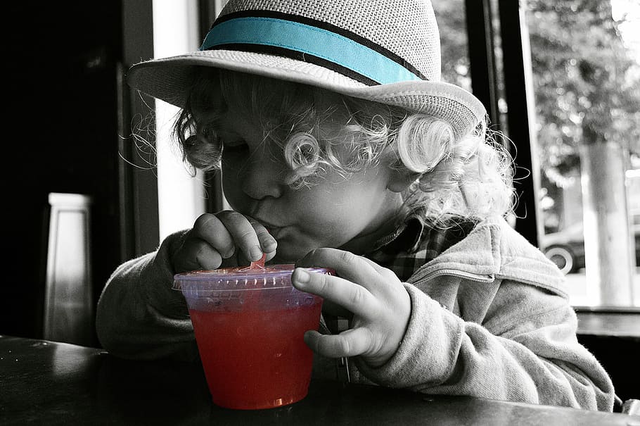 girl drinking beverage, cup greyscale photography, girl, drinking, beverage, cup, greyscale, photography, child, children