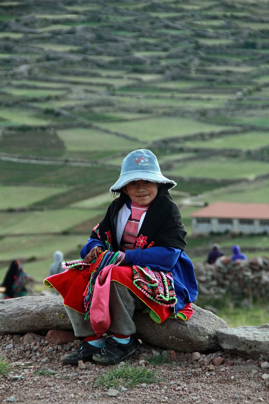 girl, sitting, stone, Titicaca, Peru, Andes, Island, Uros, floating, puno