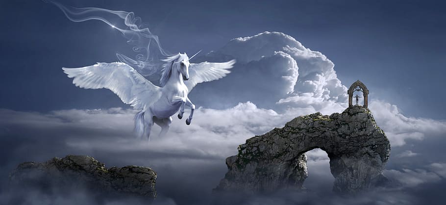 pegasus, awan, manusia, ilustrasi bukit, fantasi, kuda, gapura, menyusun, mistis, suasana hati