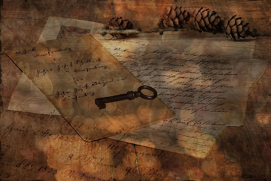 negro, esqueleto, clave, parte superior, sobre de papel, letras, antiguo, escritura a mano, fuente, piña