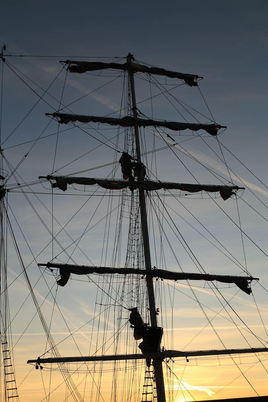 netherlands, harlingen, sunset, sail, mast, boat, rigging, low angle view, sky, silhouette