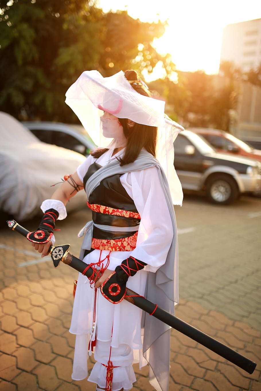 woman, wearing, white, red, cosplay, ninja, hero, samurai, warrior, blade