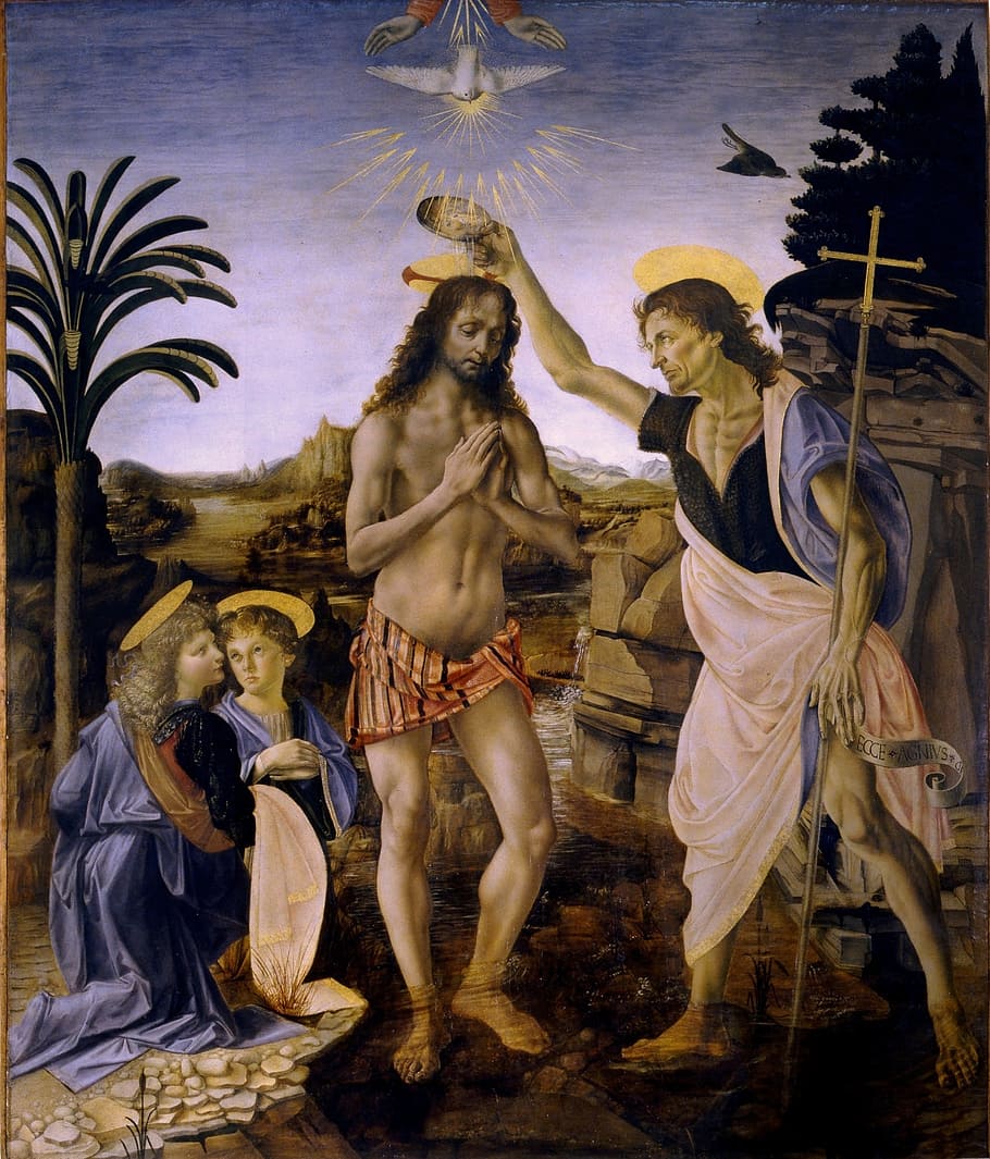 baptisan, kristus, leonardo, de, vinci, andrea del verrocchio, saint jean baptist, yesus, 1472-1475, baptisan kristus