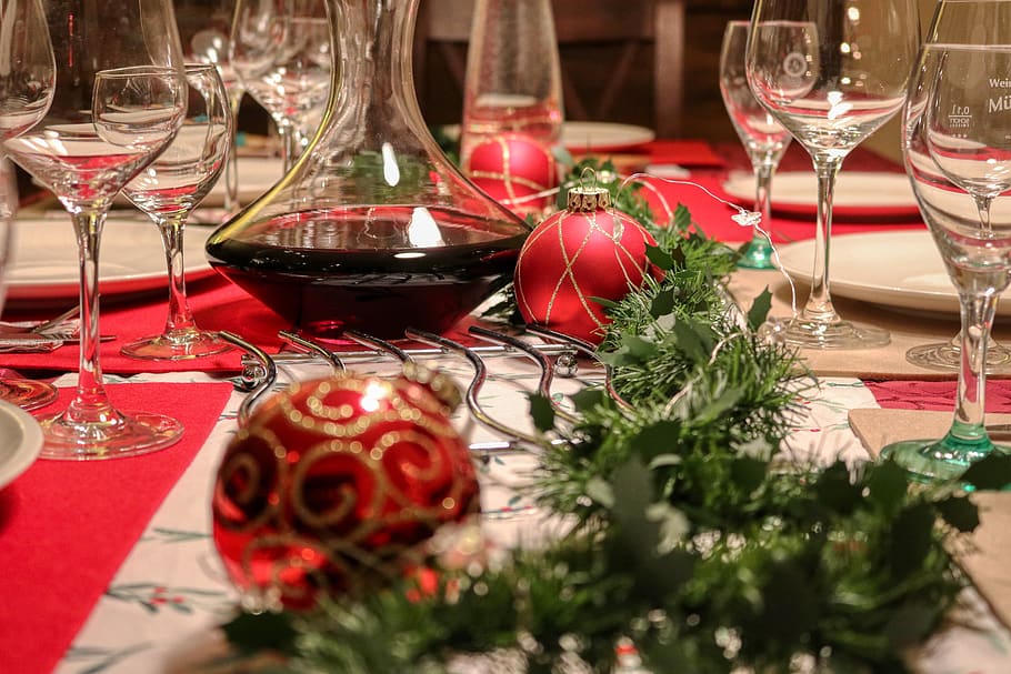 festive, christmas, eat, wine, gourmet, table, glasses, wine glass, decoration, dinner