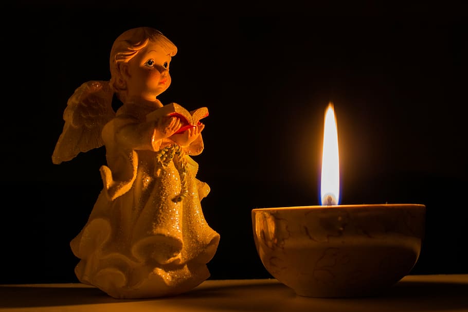 angel, holding, book figurine, lighted, candle, prayer, vera, love, light, christianity