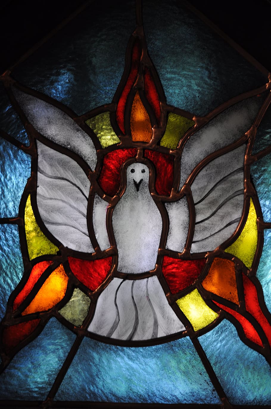 white, red, bird, stained, glass, tiffany glass, the holy spirit, dove, church, stained glass window