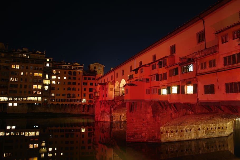 Florencia, puente, río, paisaje, noche, arquitectura, exterior del edificio, iluminado, ciudad, estructura construida
