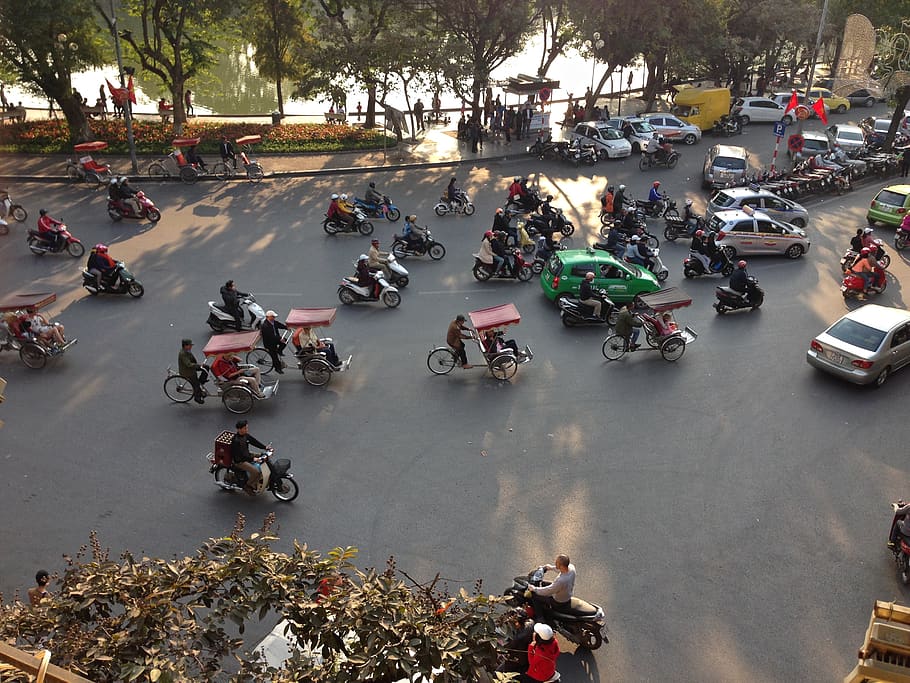 hanoi, vietnam, street, traffic, bicycle, trishaw, indochina, urban, asia, scene